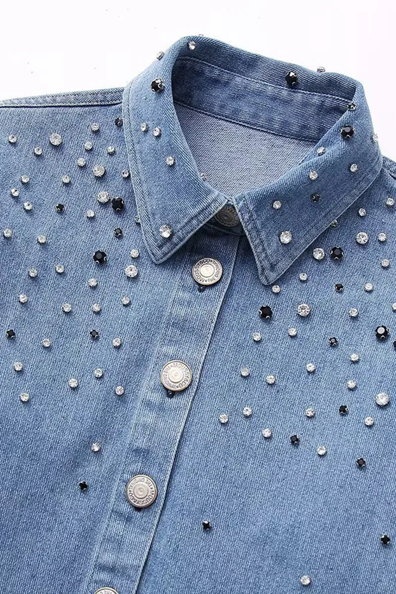 TL644 Cropped Rhinestone Denim Shirt