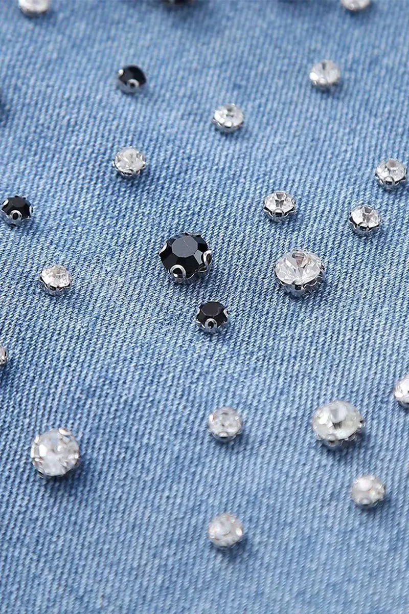 TL644 Cropped Rhinestone Denim Shirt