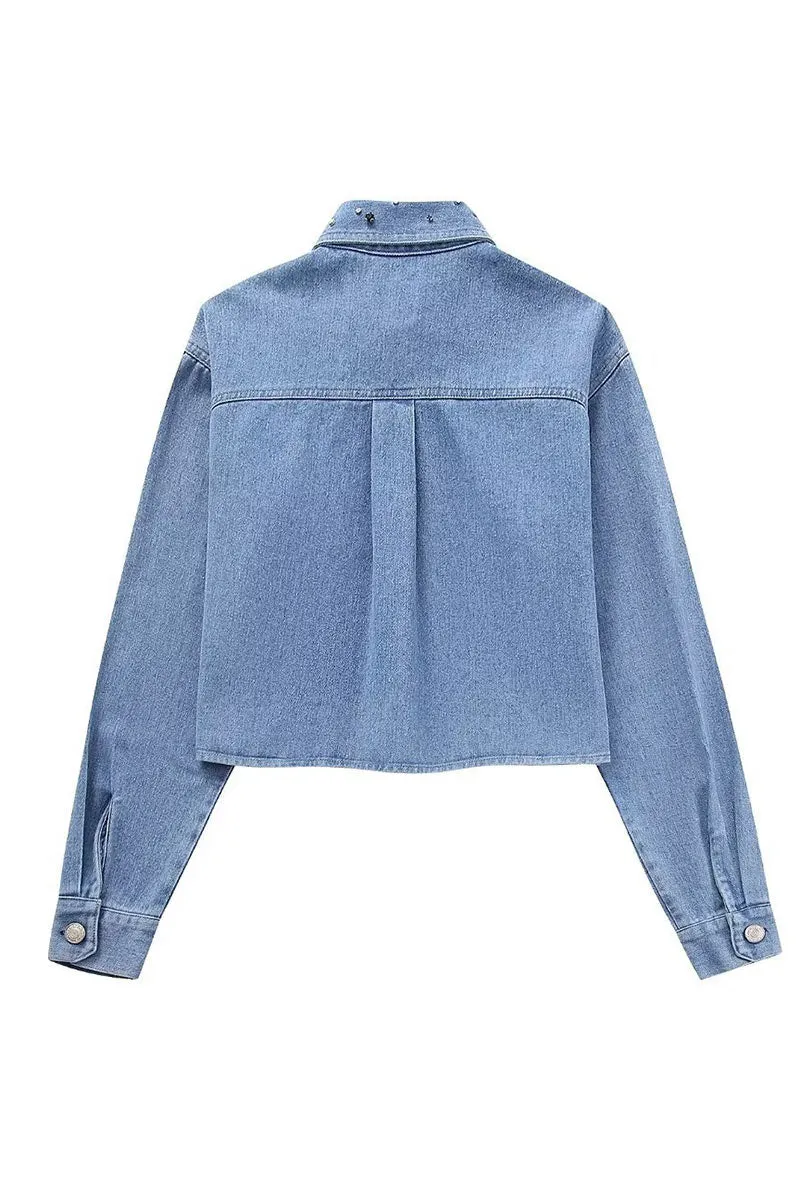 TL644 Cropped Rhinestone Denim Shirt
