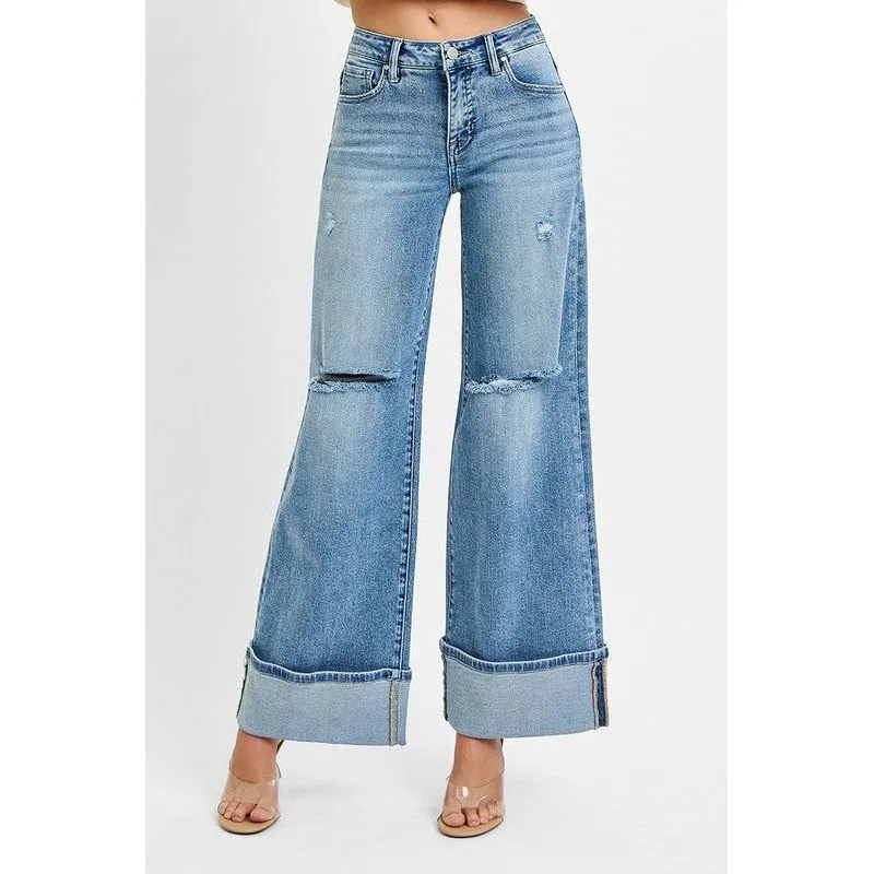 Tummy Control Mid Rise Wide Cuffed Jeans