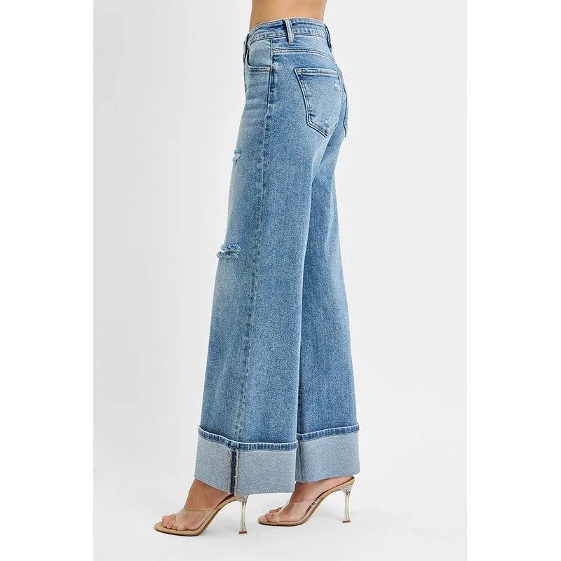 Tummy Control Mid Rise Wide Cuffed Jeans
