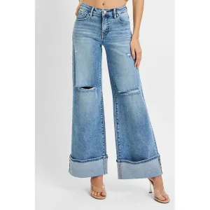 Tummy Control Mid Rise Wide Cuffed Jeans