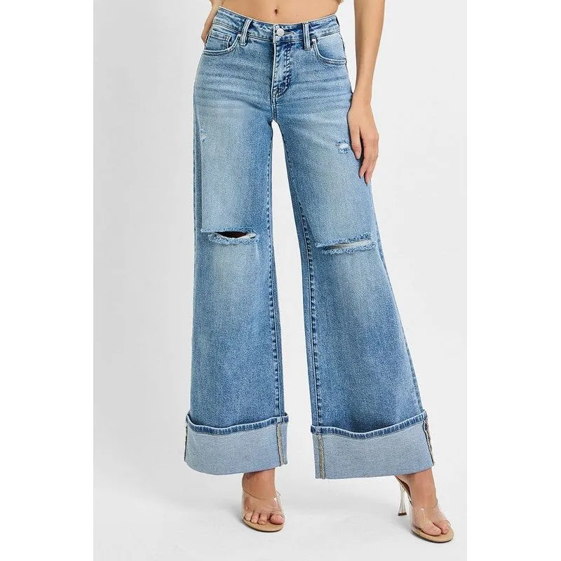 Tummy Control Mid Rise Wide Cuffed Jeans