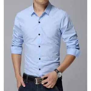 Turn-Down Collar Solid Color Long Sleeve Slimming Men's Shirt - Blue L