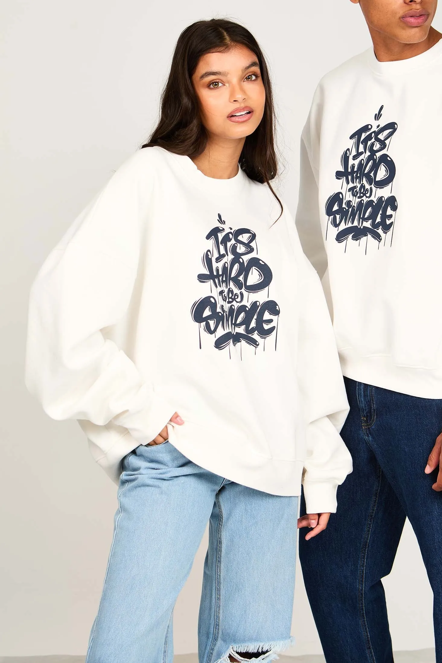 Unisex  Sweat Shirt Loose Fit Printed Off white