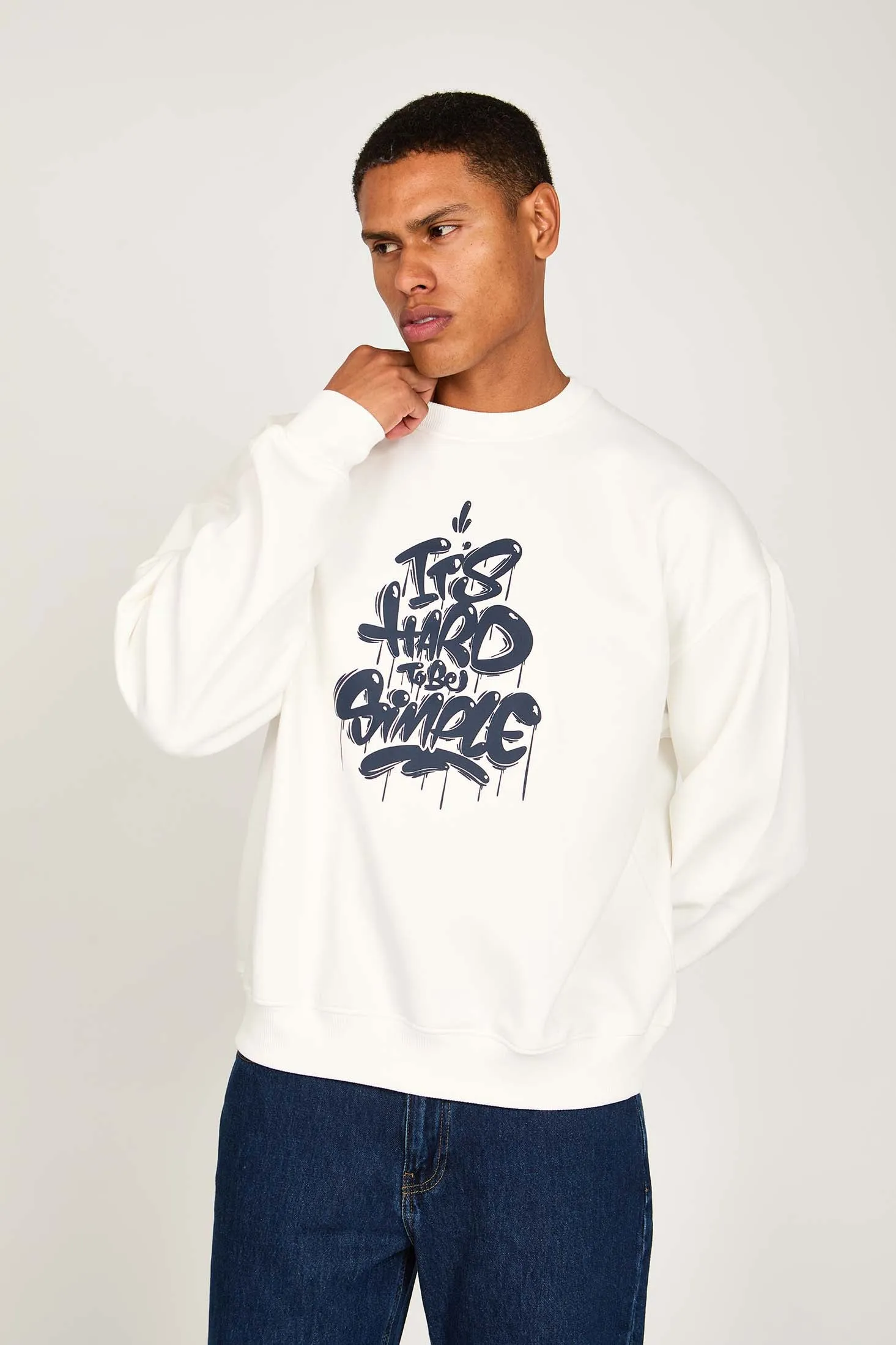 Unisex  Sweat Shirt Loose Fit Printed Off white