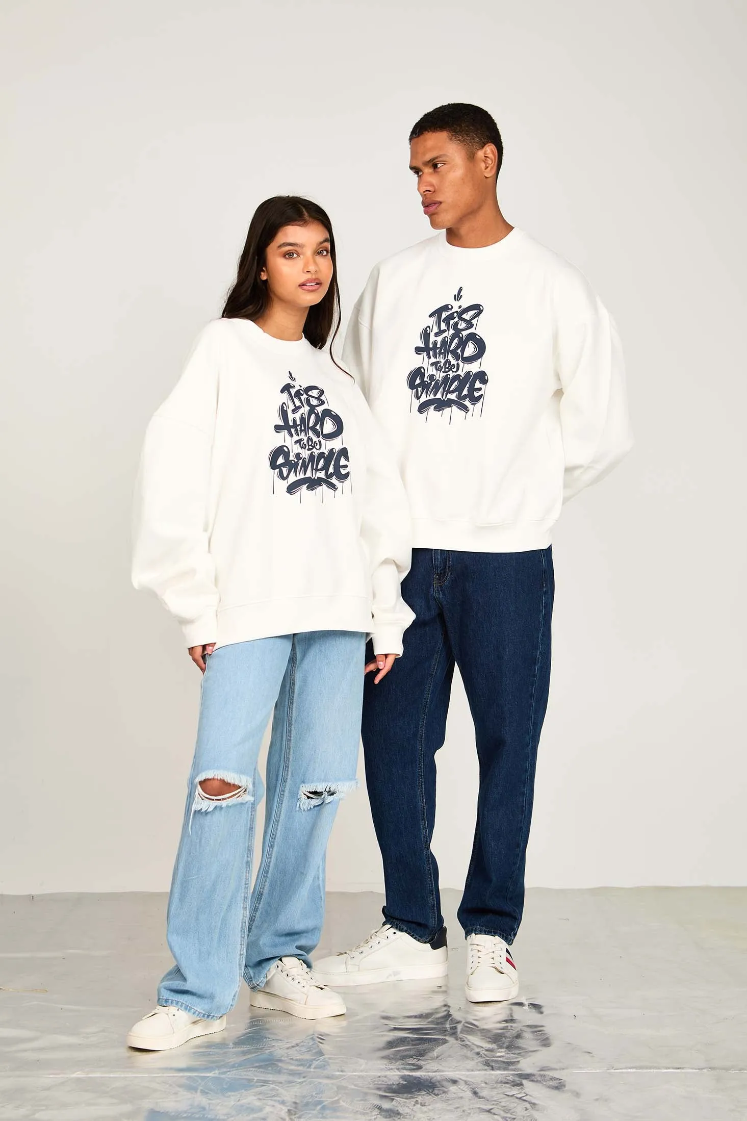 Unisex  Sweat Shirt Loose Fit Printed Off white