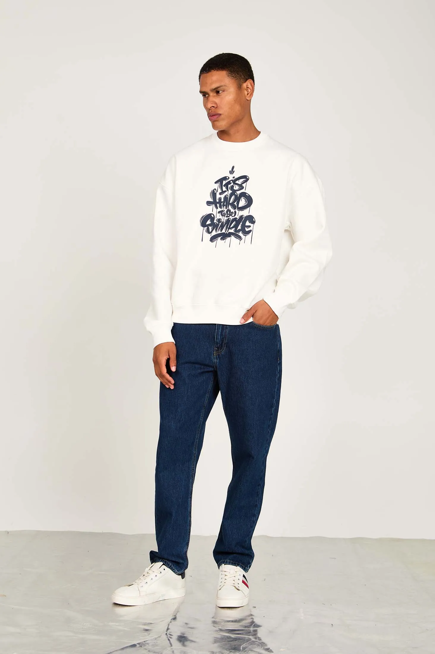Unisex  Sweat Shirt Loose Fit Printed Off white