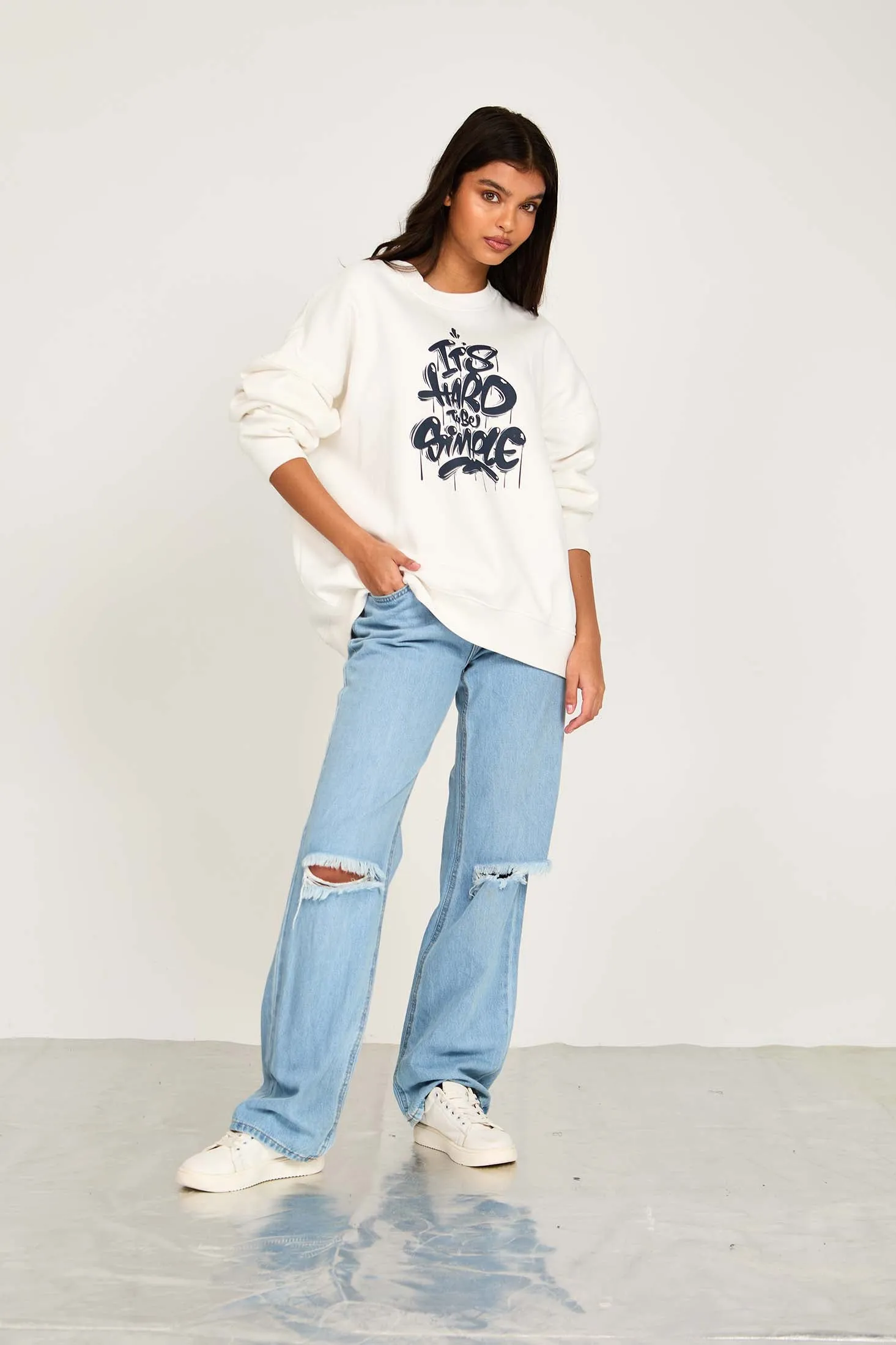 Unisex  Sweat Shirt Loose Fit Printed Off white