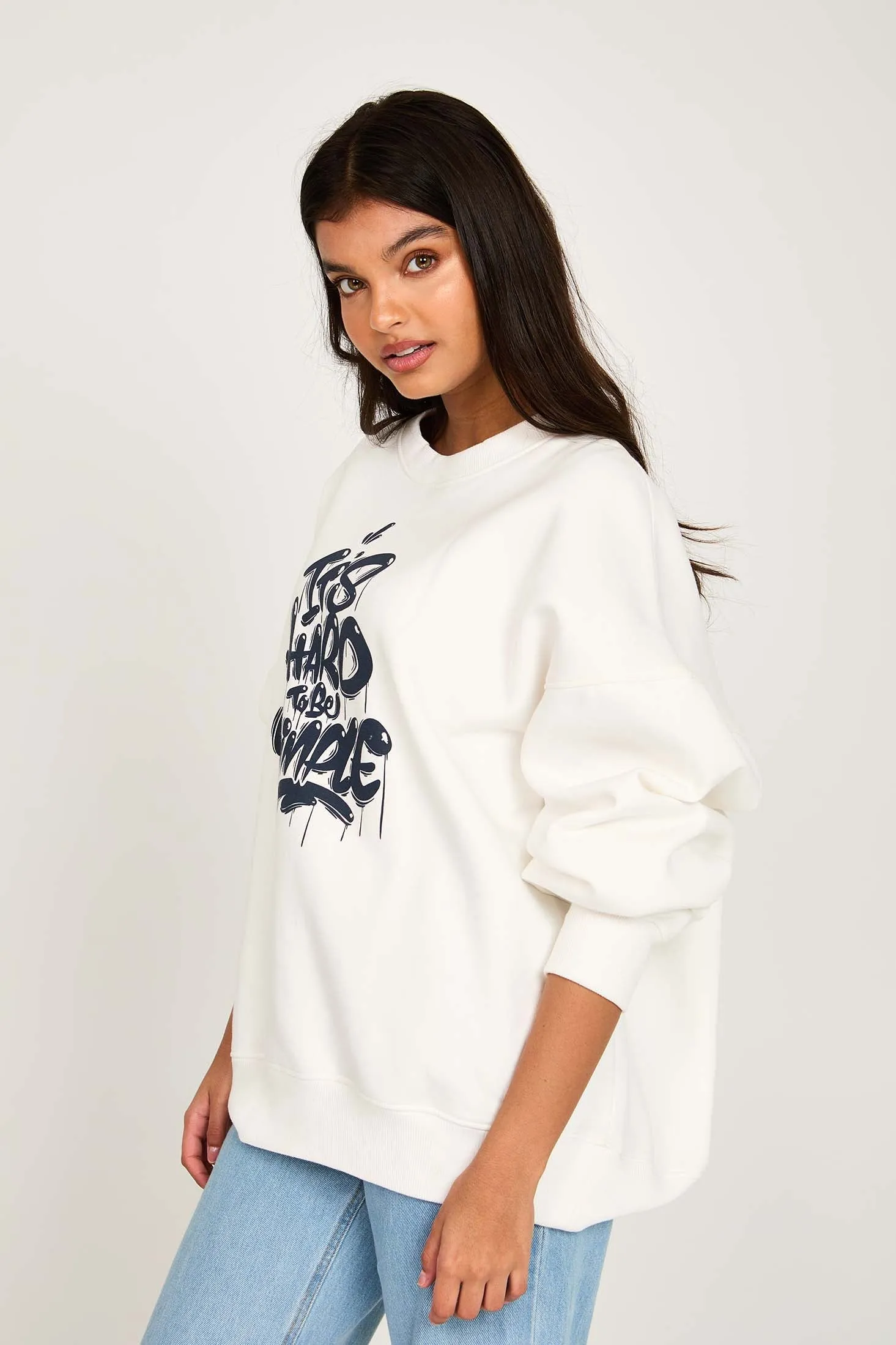 Unisex  Sweat Shirt Loose Fit Printed Off white