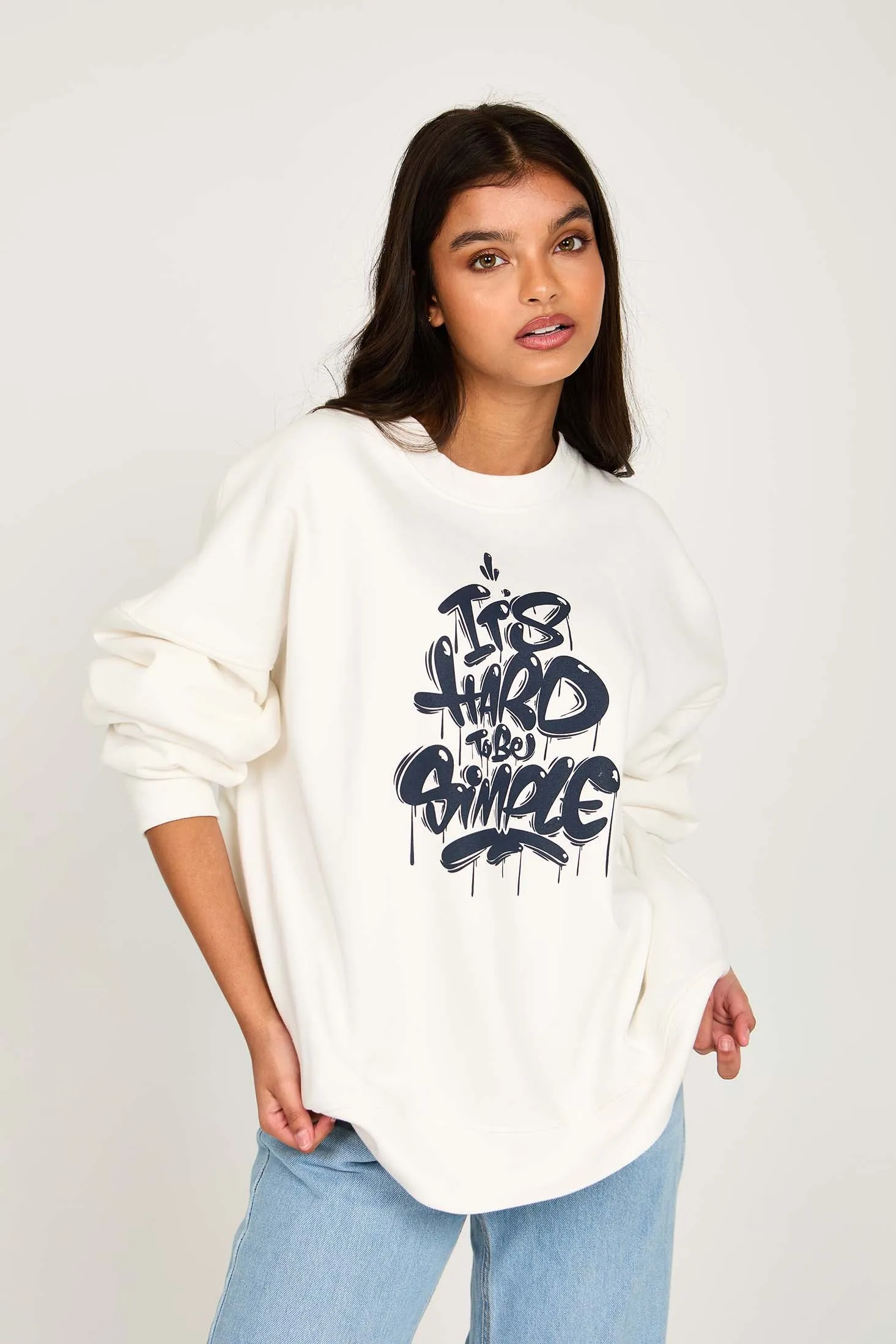 Unisex  Sweat Shirt Loose Fit Printed Off white