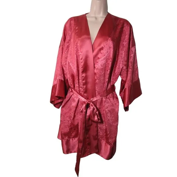 Victorias Secret Gold Label Satin Kimono Robe One Size Paisley Damask Dusty Pink