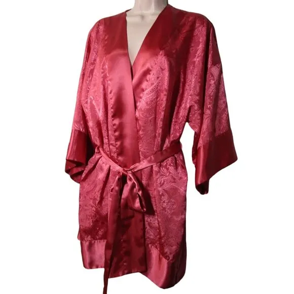 Victorias Secret Gold Label Satin Kimono Robe One Size Paisley Damask Dusty Pink
