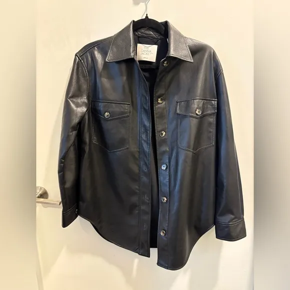 WILFRED ARITZIA The Ganna Black Vegan Leather Shirt Jacket Oversized Boxy XS