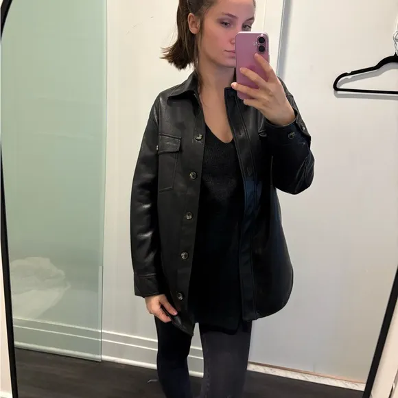 WILFRED ARITZIA The Ganna Black Vegan Leather Shirt Jacket Oversized Boxy XS