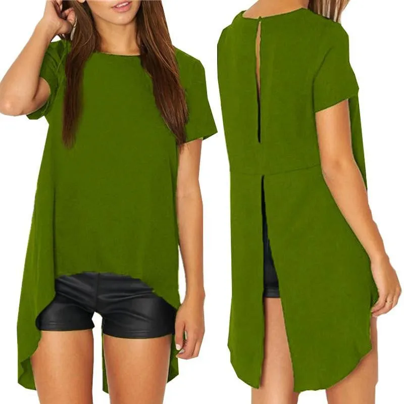 Women Blouse Chiffon Split Backless Short Sleeve Casual Blouse Loose Irregular Hem Tops Plus Size