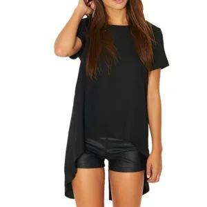 Women Blouse Chiffon Split Backless Short Sleeve Casual Blouse Loose Irregular Hem Tops Plus Size