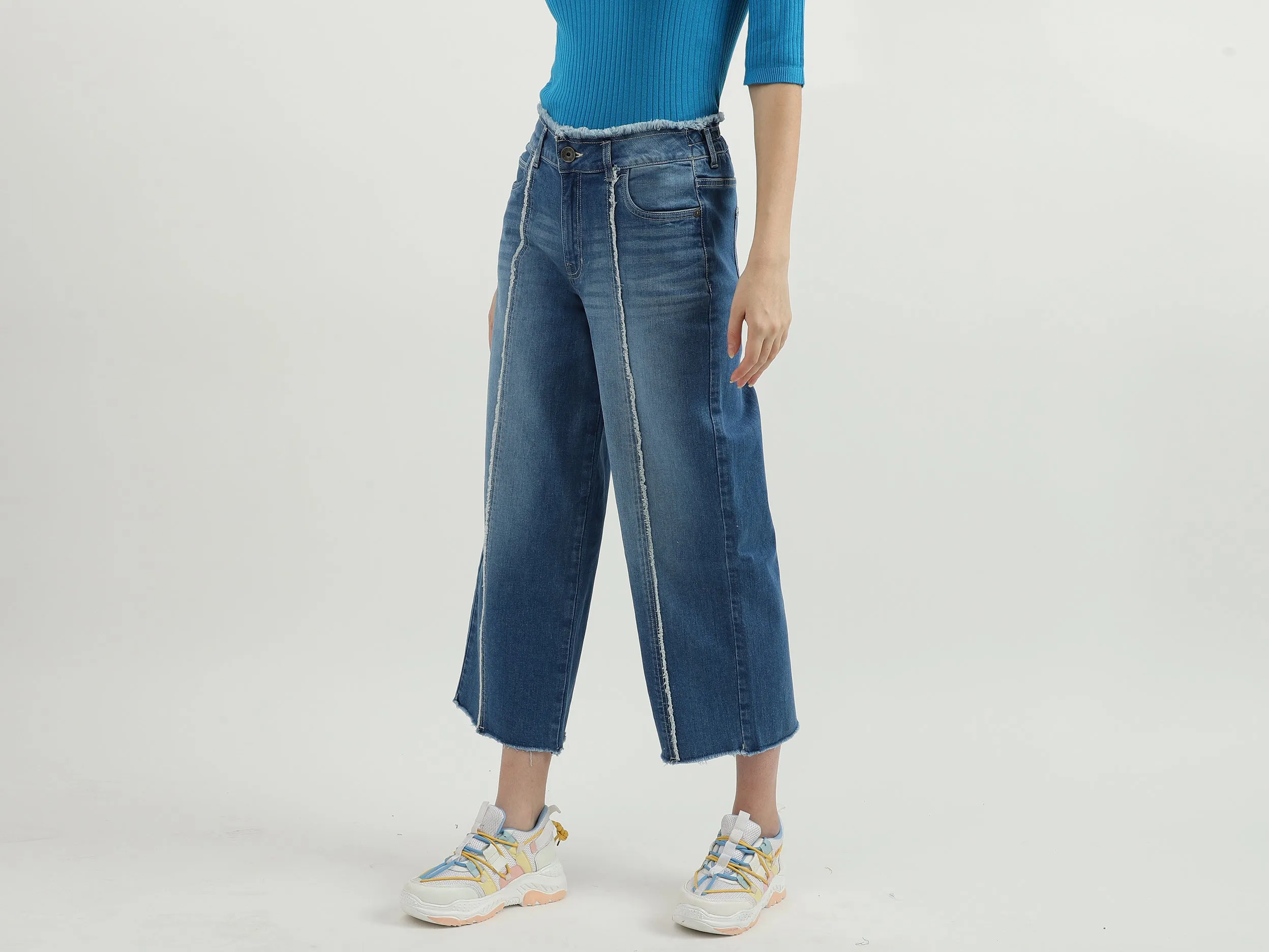 Women Solid Wide Leg Jeans