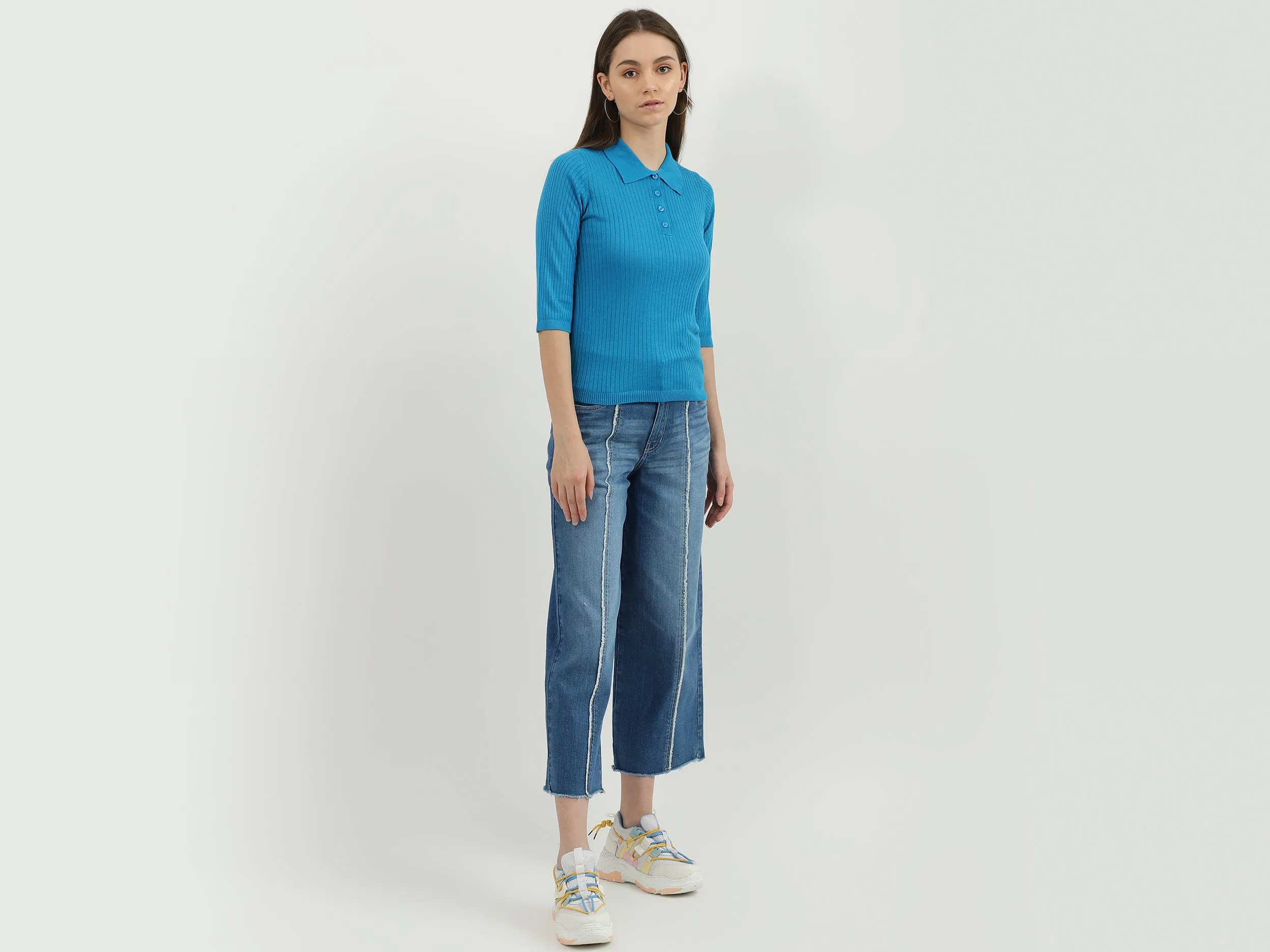 Women Solid Wide Leg Jeans