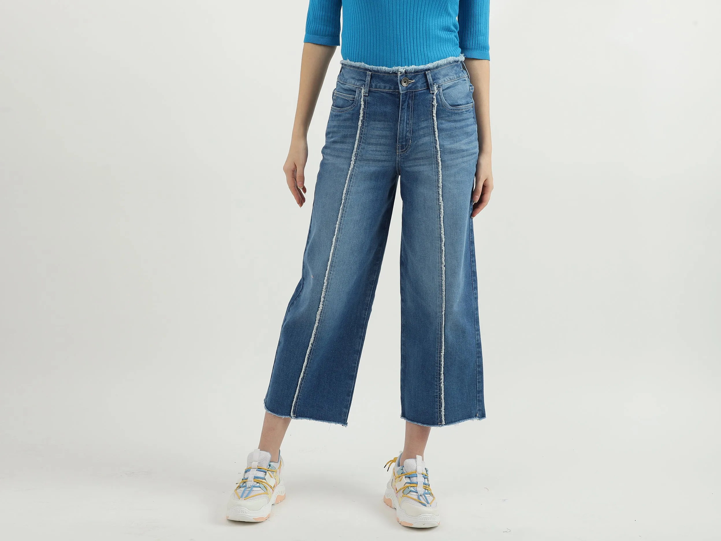 Women Solid Wide Leg Jeans