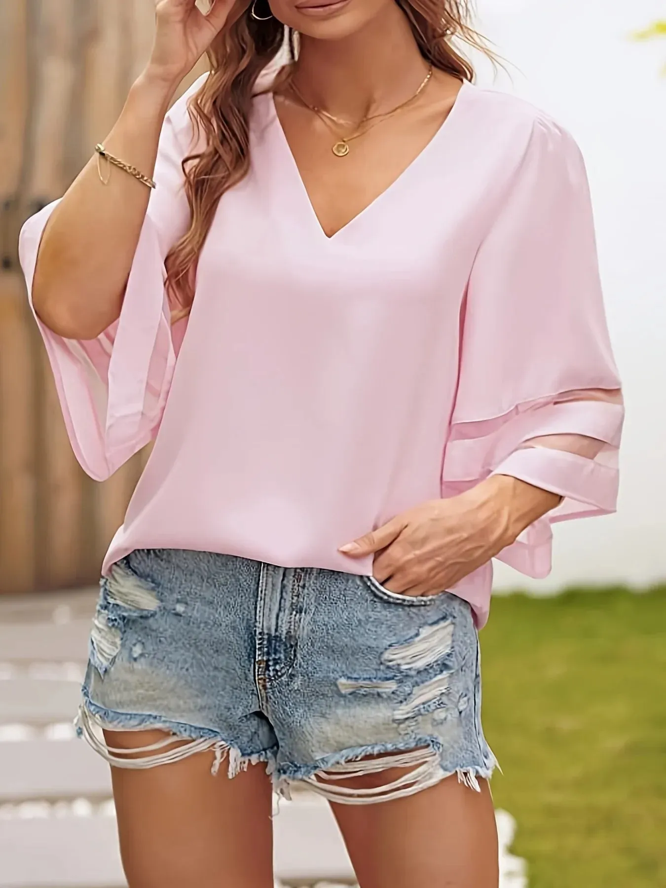 Women Summer Loose V Neck Tops Ladies Mesh Stitching 3/4 Sleeve Casual Holiday Blouse Shirt Female Blusas