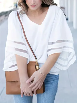 Women Summer Loose V Neck Tops Ladies Mesh Stitching 3/4 Sleeve Casual Holiday Blouse Shirt Female Blusas