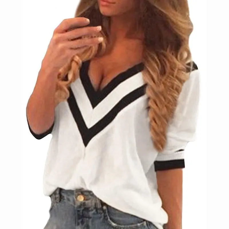 Women Tee Tops Casual Deep V Neck Splicing Blouses Ladies Loose 3/4 Sleeve Shirts US Plus Size Pullover