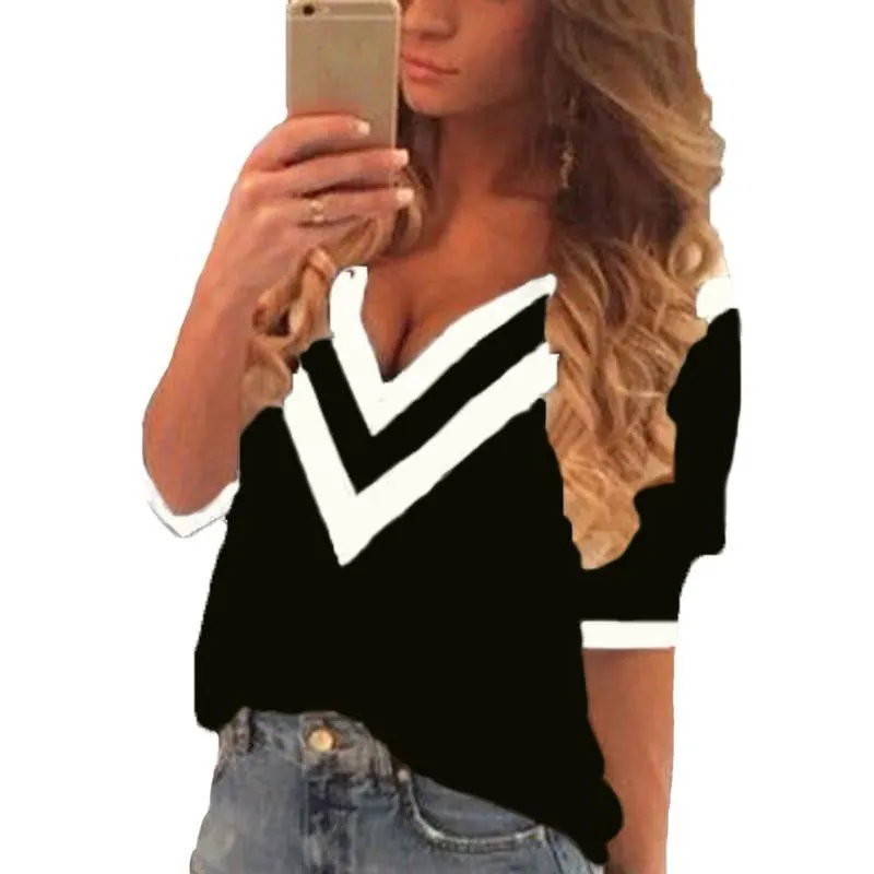 Women Tee Tops Casual Deep V Neck Splicing Blouses Ladies Loose 3/4 Sleeve Shirts US Plus Size Pullover