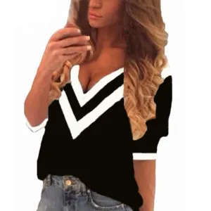 Women Tee Tops Casual Deep V Neck Splicing Blouses Ladies Loose 3/4 Sleeve Shirts US Plus Size Pullover