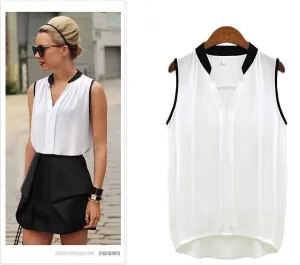 Women's Blouses Sleeveless Chiffon V Neck Loose Style Ladies Casual Tops Female Clothing White Black And Shirts