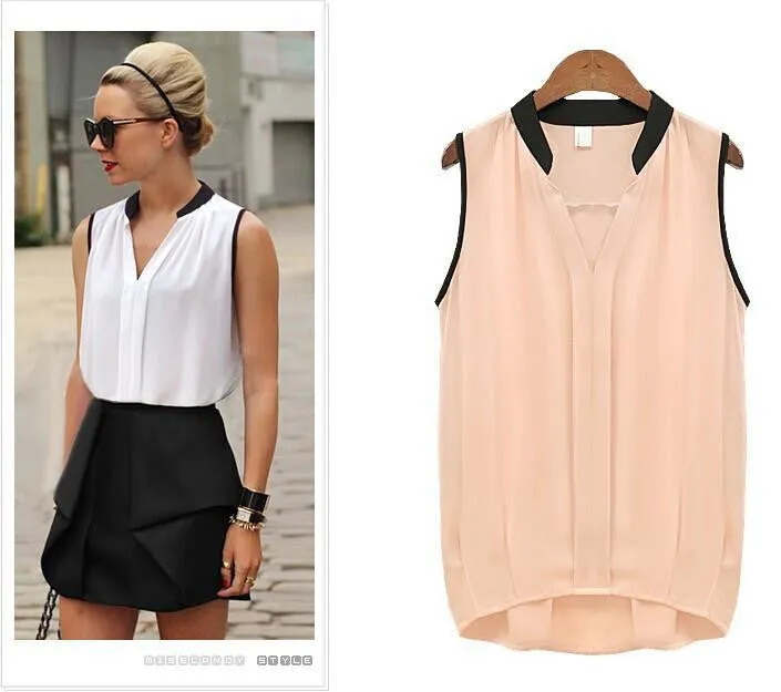 Women's Blouses Sleeveless Chiffon V Neck Loose Style Ladies Casual Tops Female Clothing White Black And Shirts