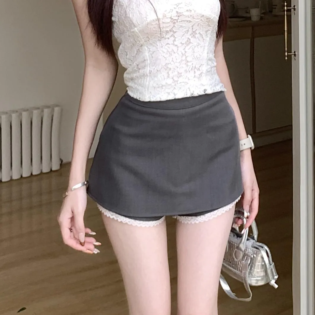 Women's Fitted Solid Color Skirt with Elegant Lace Trim