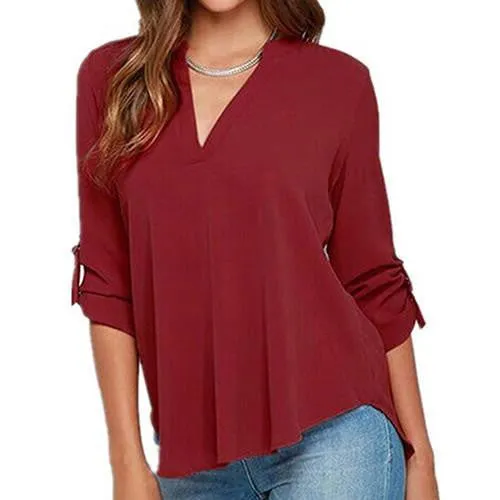Women's Stylish V Neck Rollable Sleeve Loose Solid Chiffon Blouse Shirt
