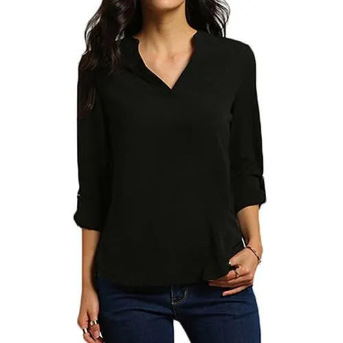 Women's Stylish V Neck Rollable Sleeve Loose Solid Chiffon Blouse Shirt