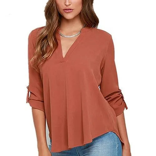 Women's Stylish V Neck Rollable Sleeve Loose Solid Chiffon Blouse Shirt