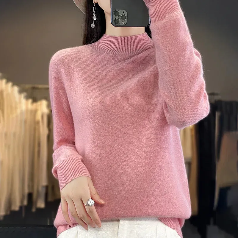 Wool Sweater Women's Loose Half Turtleneck Pullover Spring and Autumn Basic Style Simple Bottoming Top