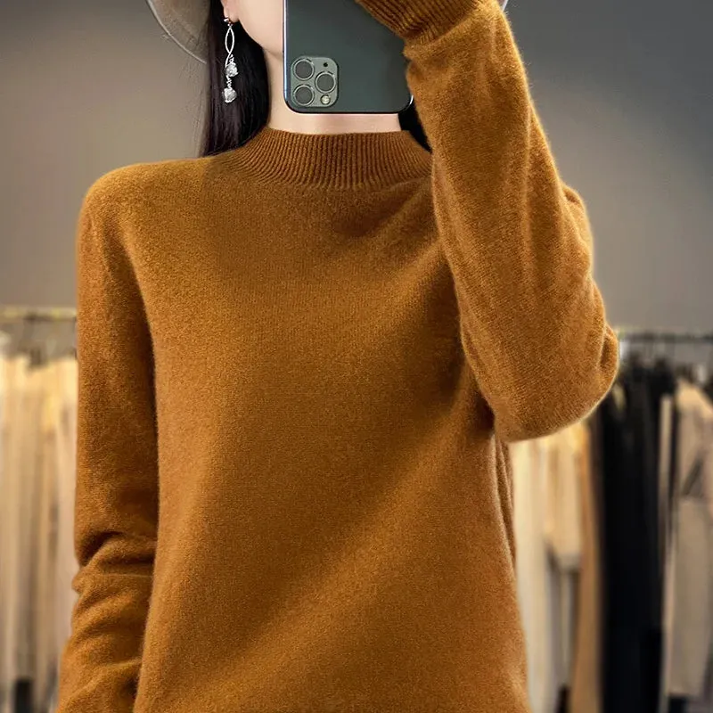 Wool Sweater Women's Loose Half Turtleneck Pullover Spring and Autumn Basic Style Simple Bottoming Top