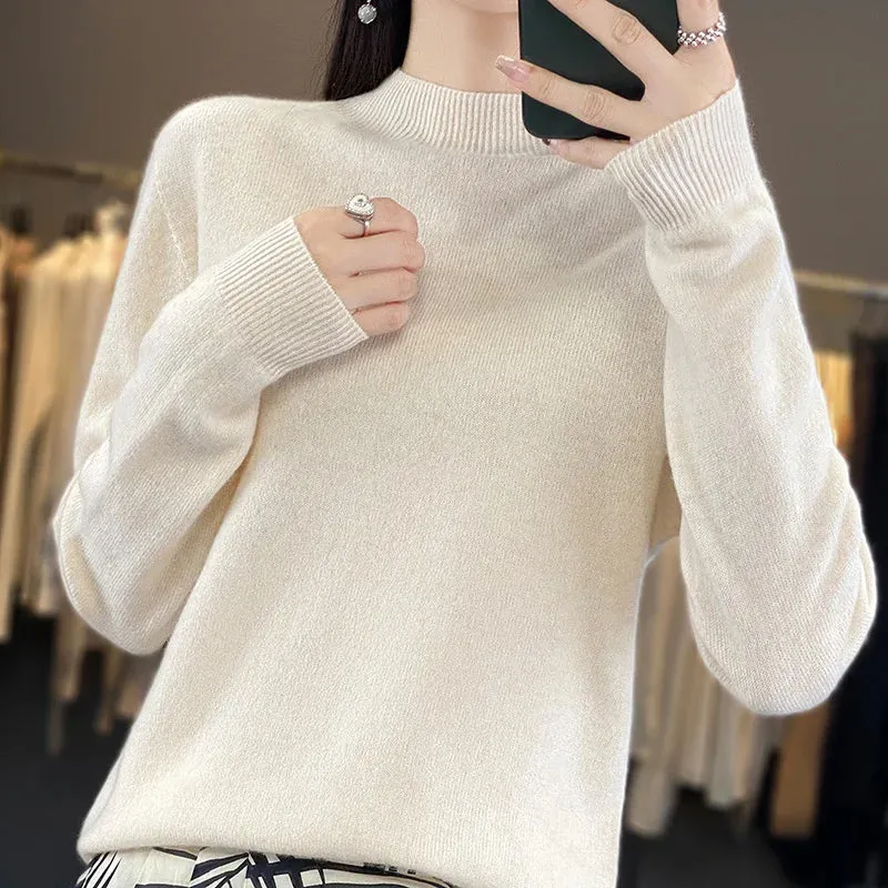 Wool Sweater Women's Loose Half Turtleneck Pullover Spring and Autumn Basic Style Simple Bottoming Top