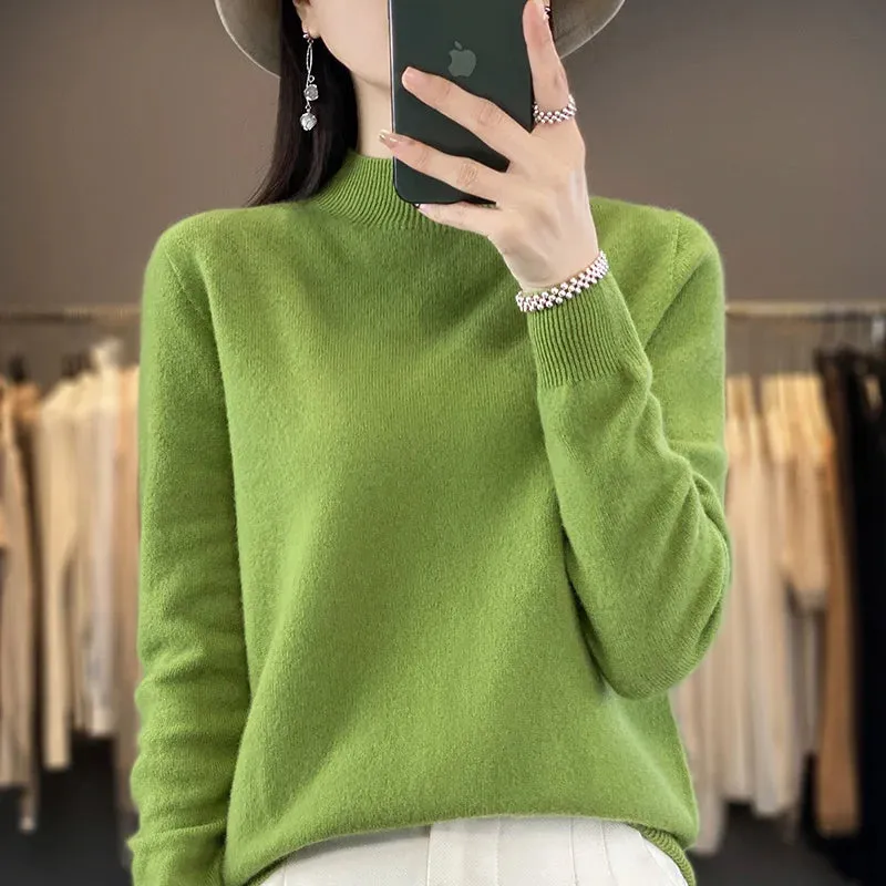 Wool Sweater Women's Loose Half Turtleneck Pullover Spring and Autumn Basic Style Simple Bottoming Top