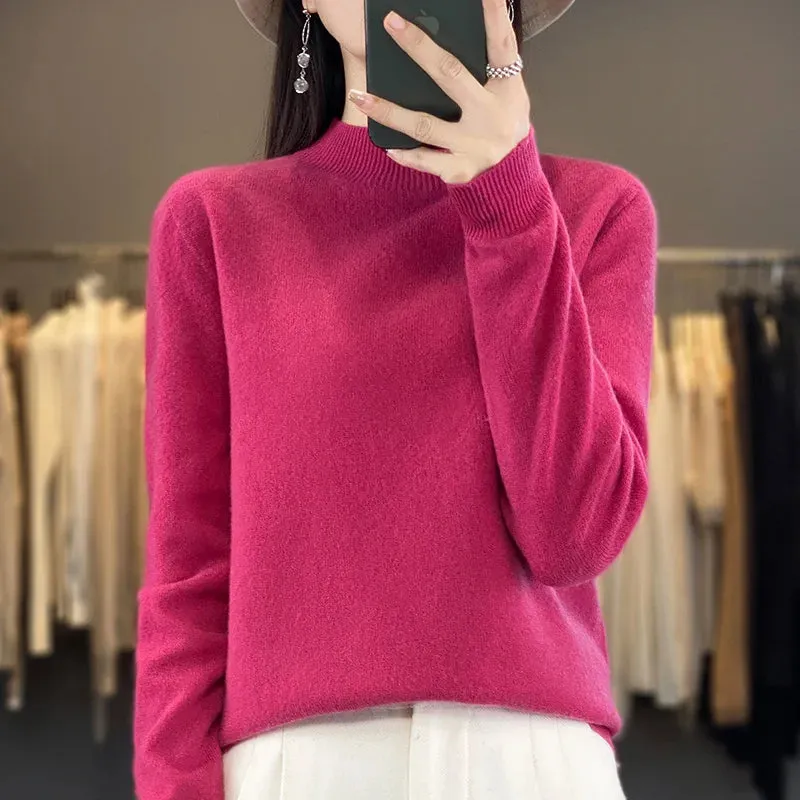 Wool Sweater Women's Loose Half Turtleneck Pullover Spring and Autumn Basic Style Simple Bottoming Top