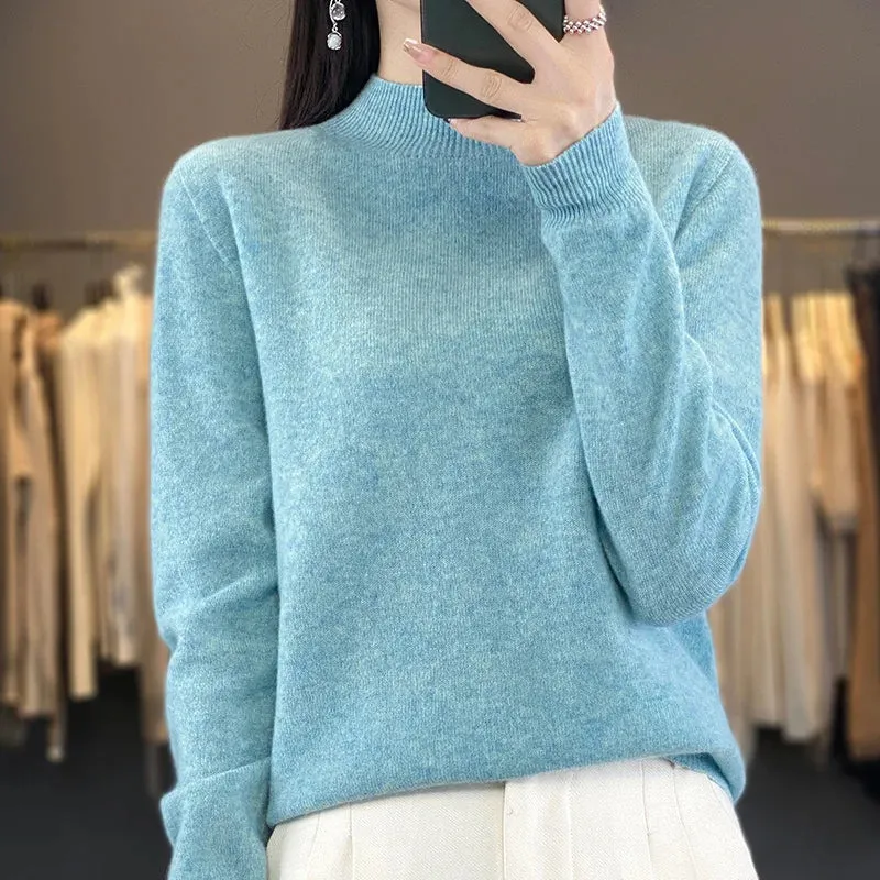 Wool Sweater Women's Loose Half Turtleneck Pullover Spring and Autumn Basic Style Simple Bottoming Top
