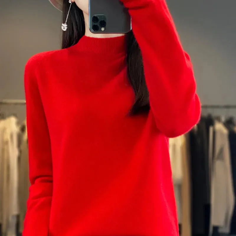 Wool Sweater Women's Loose Half Turtleneck Pullover Spring and Autumn Basic Style Simple Bottoming Top