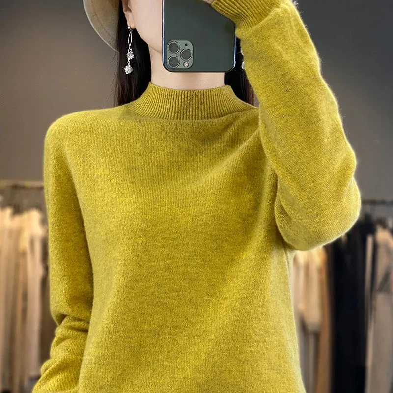 Wool Sweater Women's Loose Half Turtleneck Pullover Spring and Autumn Basic Style Simple Bottoming Top