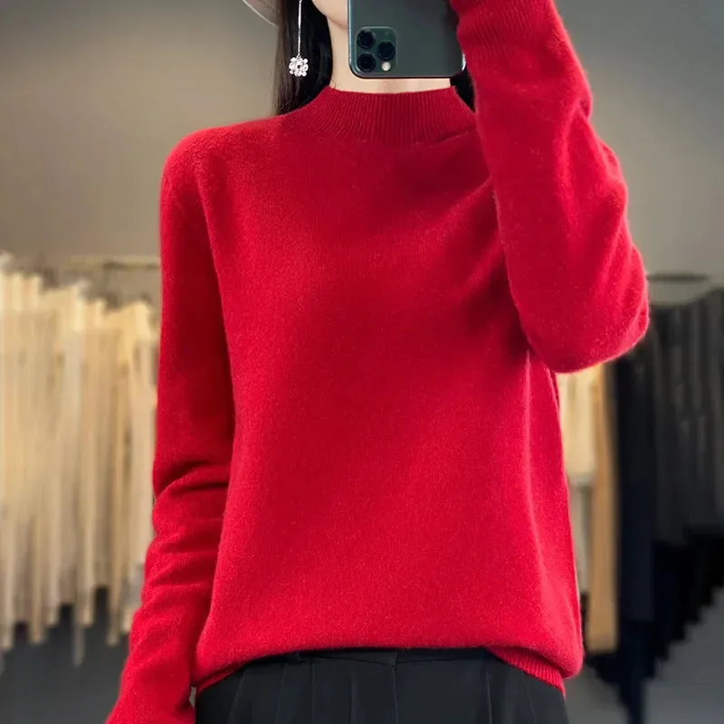 Wool Sweater Women's Loose Half Turtleneck Pullover Spring and Autumn Basic Style Simple Bottoming Top