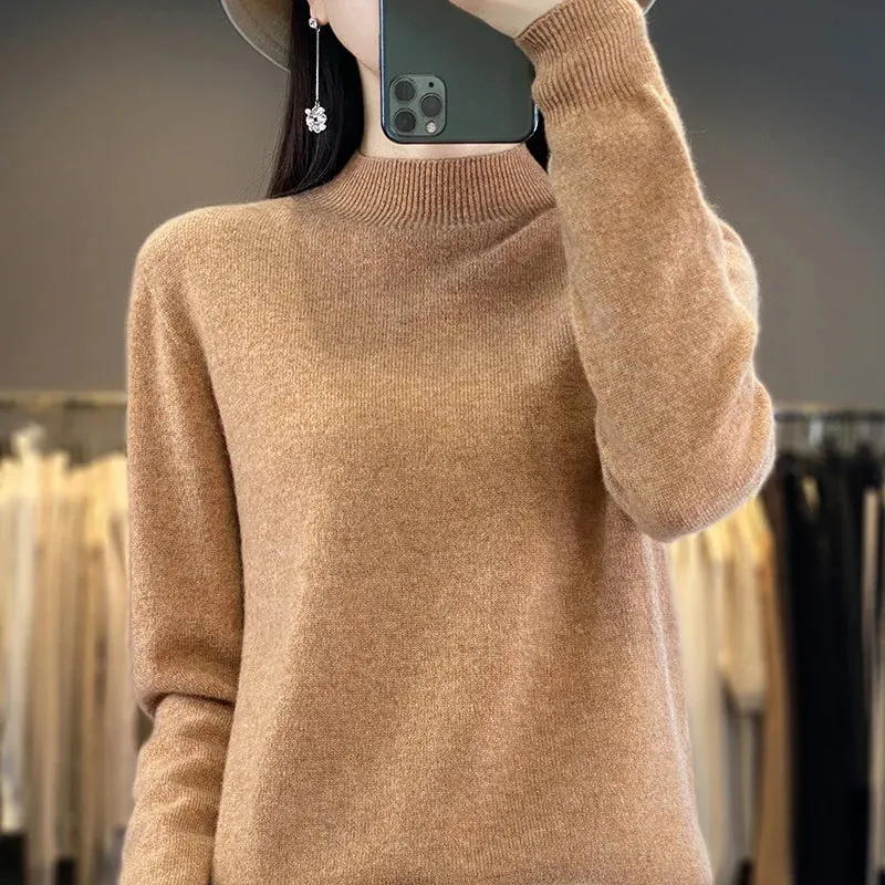 Wool Sweater Women's Loose Half Turtleneck Pullover Spring and Autumn Basic Style Simple Bottoming Top