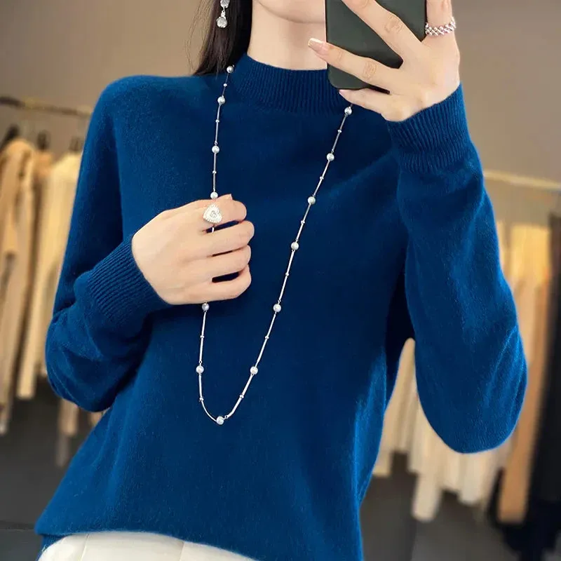 Wool Sweater Women's Loose Half Turtleneck Pullover Spring and Autumn Basic Style Simple Bottoming Top