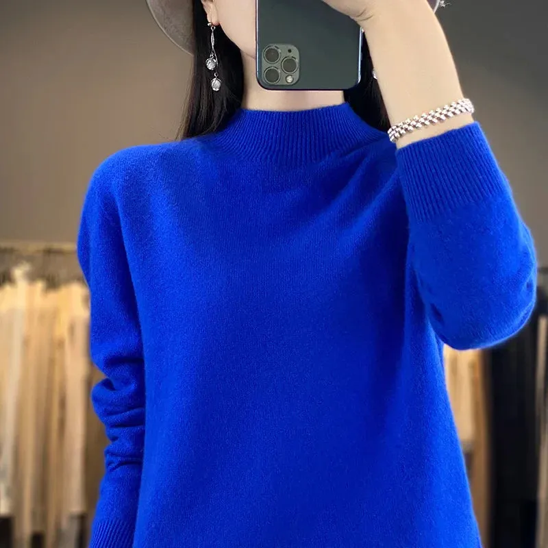 Wool Sweater Women's Loose Half Turtleneck Pullover Spring and Autumn Basic Style Simple Bottoming Top