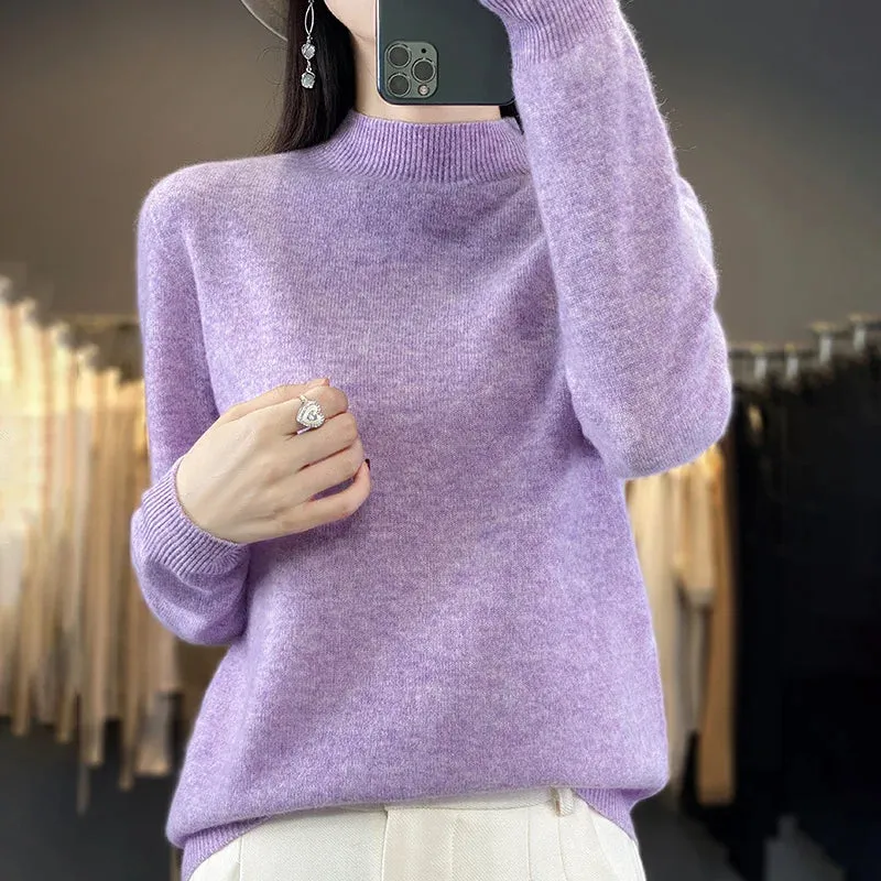 Wool Sweater Women's Loose Half Turtleneck Pullover Spring and Autumn Basic Style Simple Bottoming Top