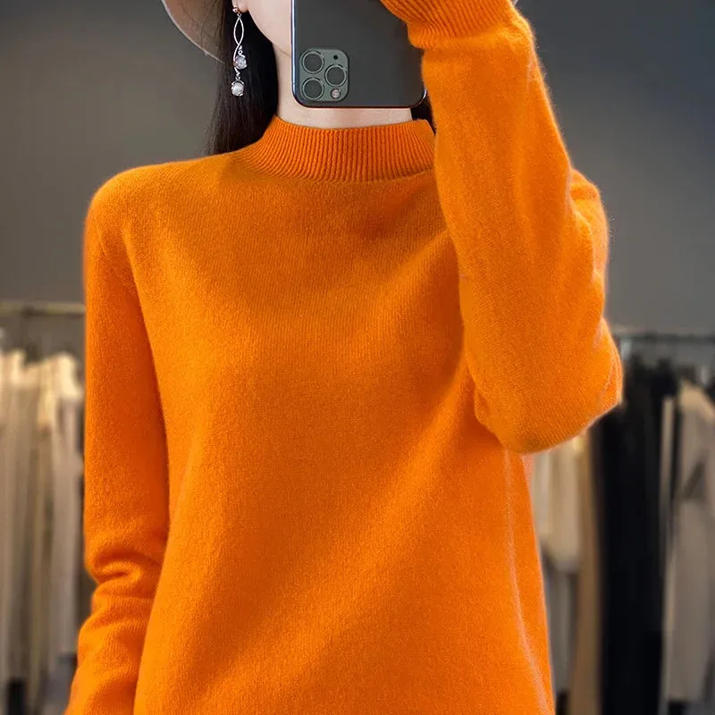 Wool Sweater Women's Loose Half Turtleneck Pullover Spring and Autumn Basic Style Simple Bottoming Top