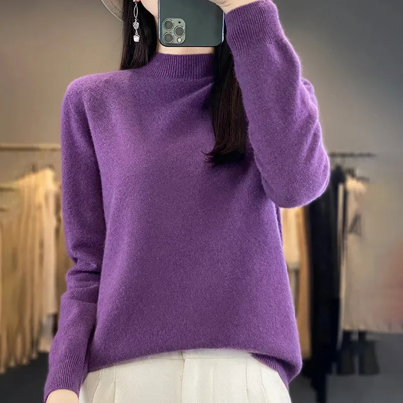 Wool Sweater Women's Loose Half Turtleneck Pullover Spring and Autumn Basic Style Simple Bottoming Top